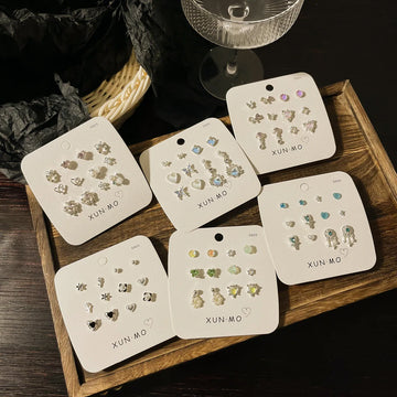 DAIIIBABYYY  -  Sweet Y2K Blue Aurora Rhinestone Heart Star Moon Stud Earrings Set Women Korean Fashion Butterfly Earring Jewelry Gift